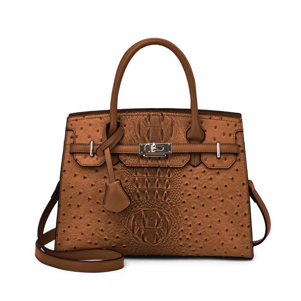 NEW MELLOW WORLD women's ostrich embossed satchel bag in cognac